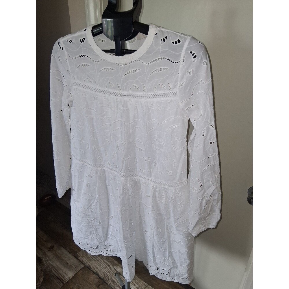 NEW! Women's LOFT Eyelet Long Sleeve Mini Tiered Swing Dress, White XS - Picture 4 of 12